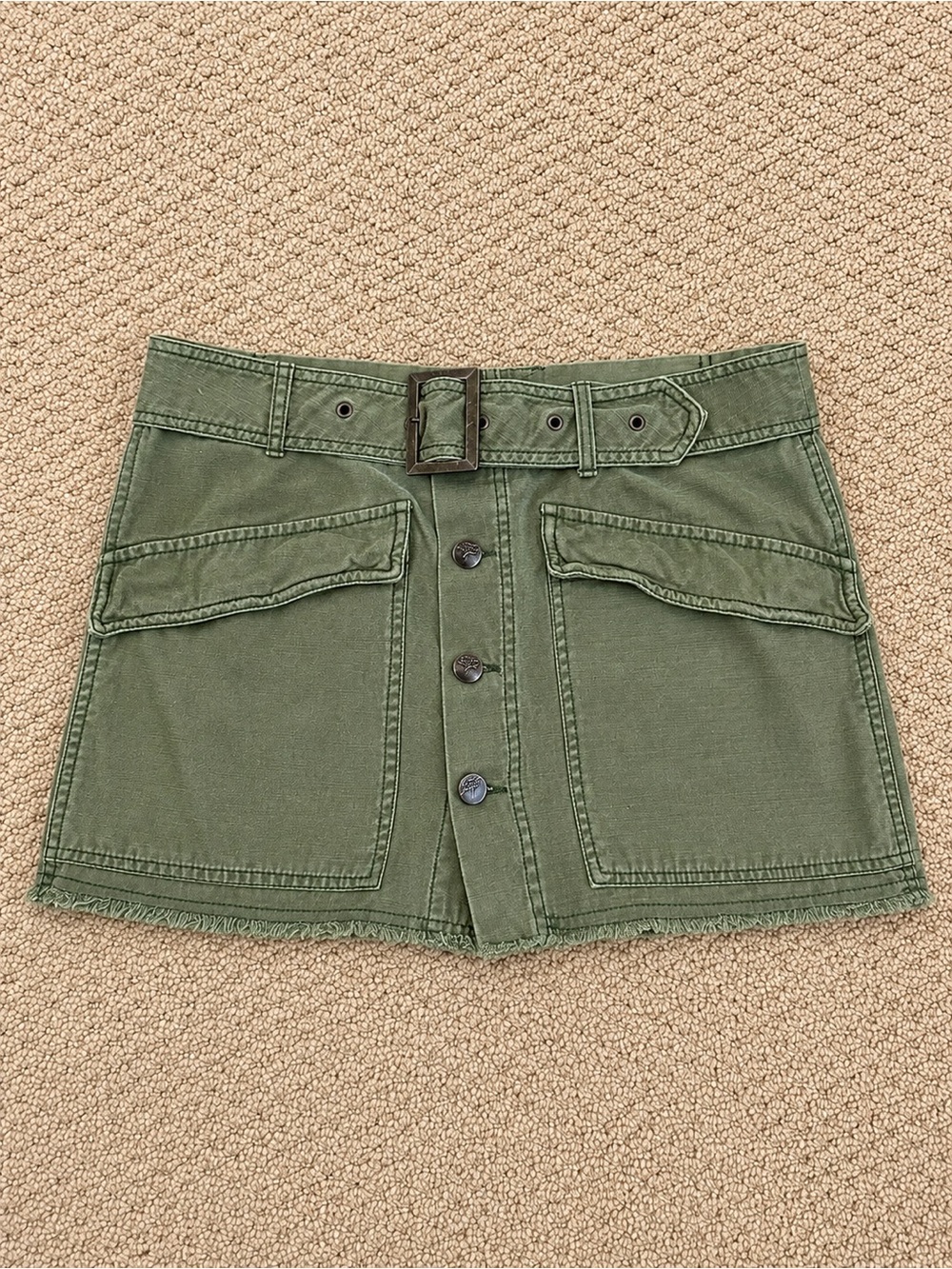 Free People Olive Green Button-Front Mini Skirt with Belt
